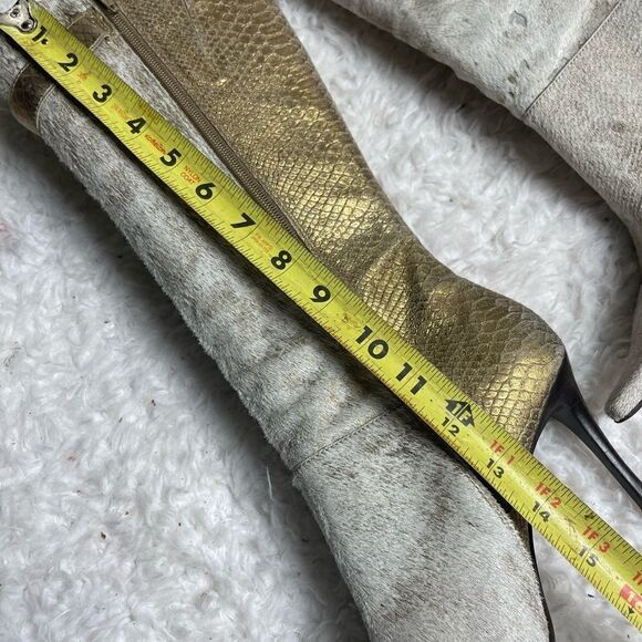 Leather Calf hair beige&gold snake skin pointed toe knee high heels boot… - Picture 8 of 14